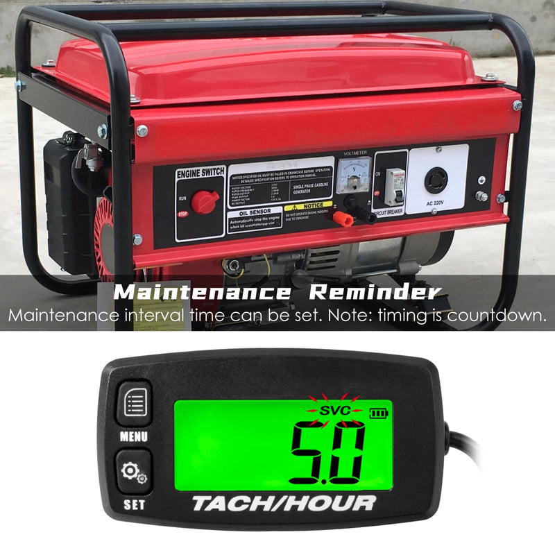 Self Powered Digital Tachometer Hour Meter,Inductive Maintenance Waterproof Backlit Shutdown Tach/Hour Meter,Battery Replaceable,for Lawn Mower Tractor Generator and Gas Engine