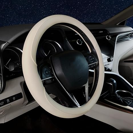  [AUSTRALIA] - Steering Wheel Cover Universal Standard Size 14.5-15 inch, Breathable Microfiber Leather, Anti-Slip, Soft Grip, Fits Most Cars SUVs Trucks, Cream White Beige