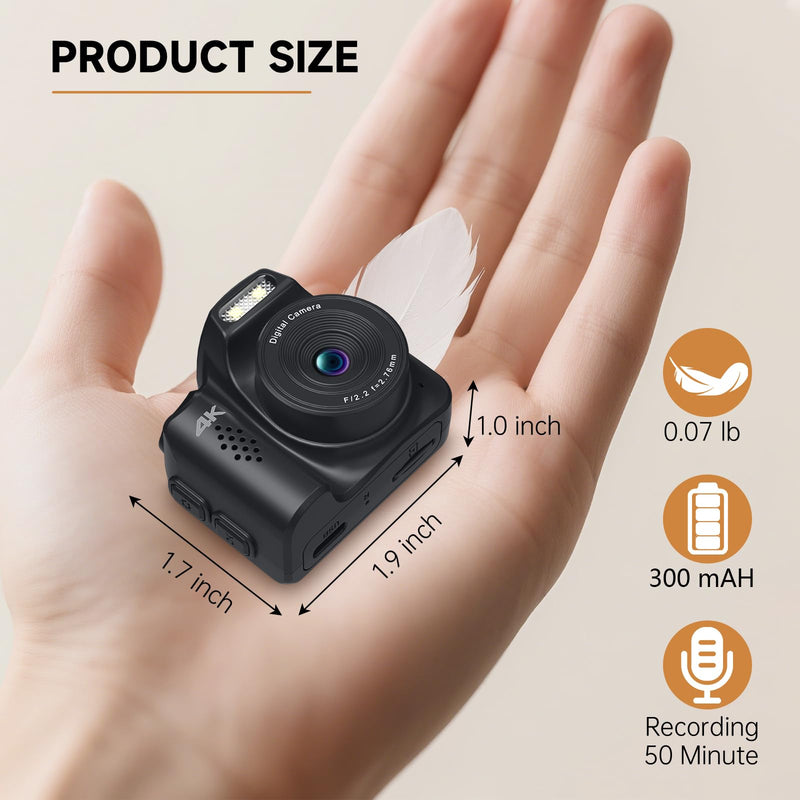 Mini Keychain Camera 4K 64MP Vintage Digital Camera,Pocket Retro Nostalgia Video Camera with LED Light and 32G Micro SD Card, Suitable for Teenagers, Adults, Kids, and Photography Beginners Black