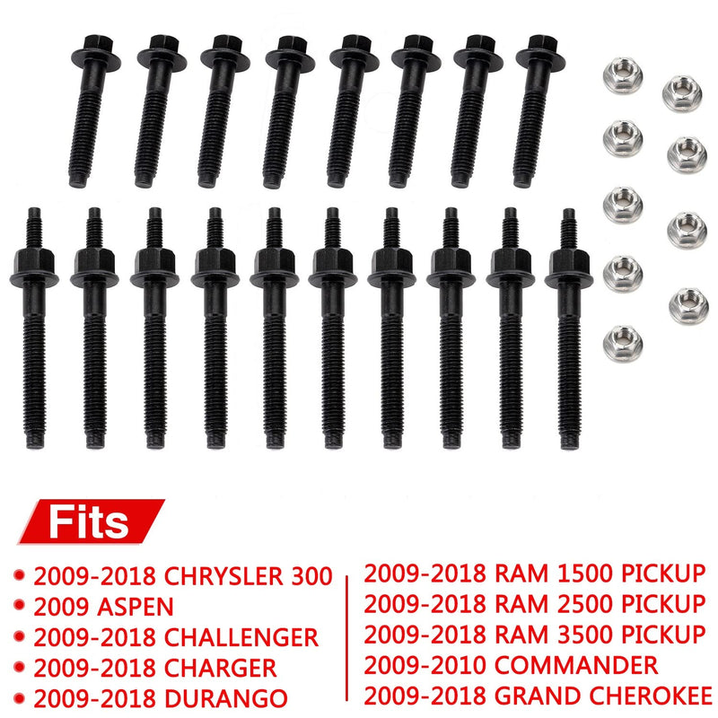 Exhaust Manifold Bolts & Studs Hardware Kit set Compatible for 2009-2020 Chrysler Dodge Ram 5.7L V8 Engines. Complete set Left + Right black