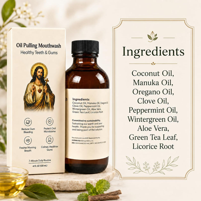 Holy Mouthwash Pulling Oil, Alcohol-Free Oil Pulling Rinse for Fresh Breath & Gum Care, 12-Oil Blend Mouthwash for Sensitive Mouths, Morning Oral Care Routine, Gentle Daily Oral Rinse, 4 Fl Oz