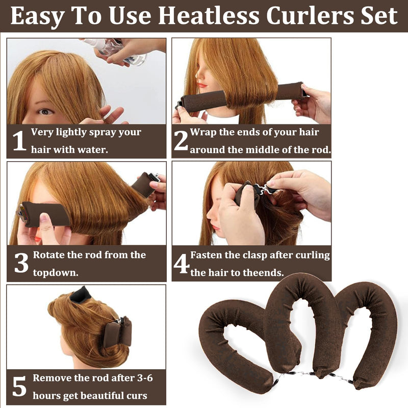 KEYRI 3 PCS Heatless Curlers Heatless Curling Rod Overnight Hair Curlers | Soft Hair Roller Rods with Hook Heatless Curling Set Overnight Curls Hair Curlers Brown