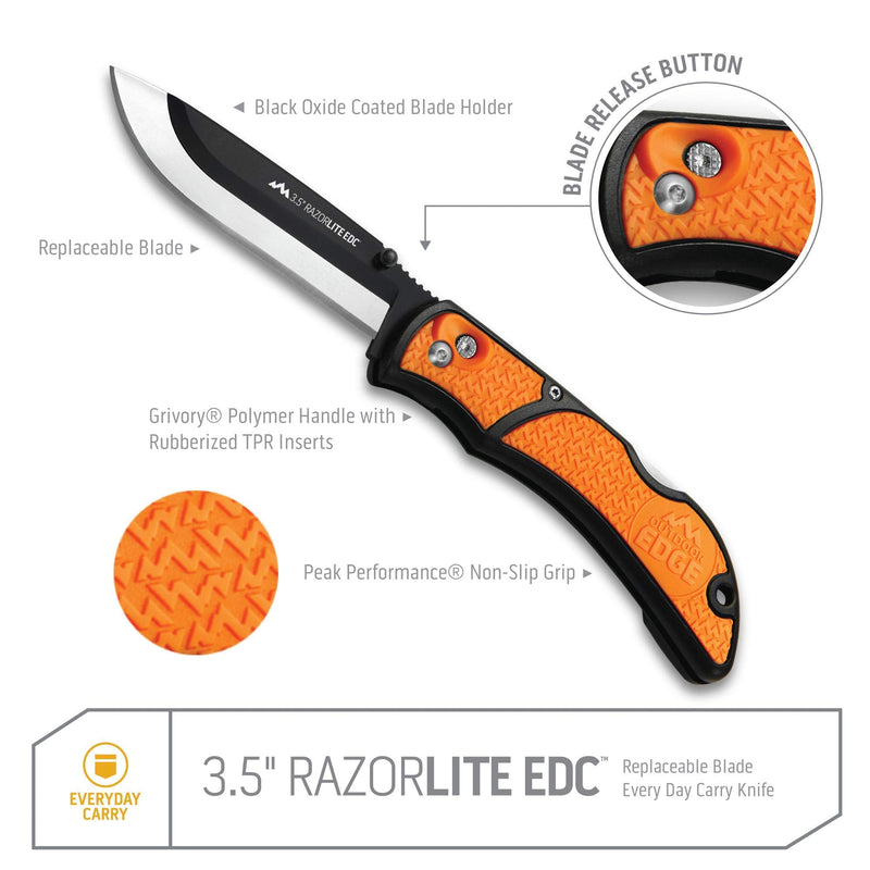 OUTDOOR EDGE 3.5" RazorLite EDC Knife. Pocket Knife with Replaceable Blades and Clip. The Perfect Hunting Blade for Skinning Deer. Blaze Orange with 6 Blades Orange (6 Blades)