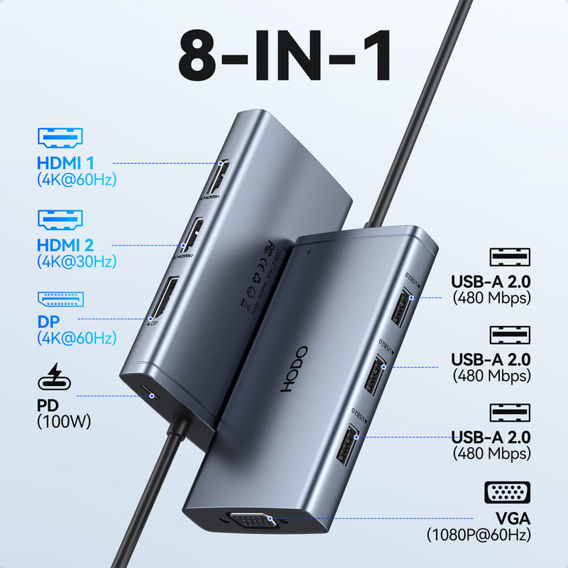 USB C Docking Station Dual Monitor for HP,Laptop Docking Station 3 Monitors | USB C Hub Quad Display USB C Adapter to 4K HDMI+DP+VGA,3USB 2.0,PD,USB C Dock Dongle 8 in 1 Computer Docking Station for Dell 8-in-1(Gray)