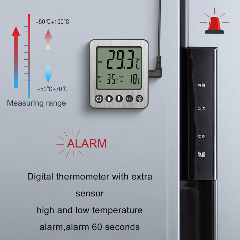 Refrigerator Thermometer Freezer Alarm Digital Freezer Thermometer Fridge Thermometer with Extra Sensor high and Low Temperature Alarm (2, White, Small,10) 2