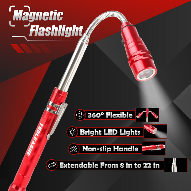 TOOLEAGUE 7Pcs Telescoping Magnetic Pickup Tool Set, Extendable LED Flashlight,Round & Square 360° Inspection Mirror for Men Mechanics, and Handymen, Red 7 7 pcs