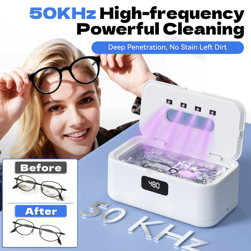 Ultrasonic Jewelry Cleaner, 50Khz Jewelry Cleaner Ultrasonic Machine for Jewelry, Eyeglasses, Rings, Watch Strap, Dentures, 24oz - 304 Stainless Steel Tank, Digital Timer, 5 Cleaning Modes White
