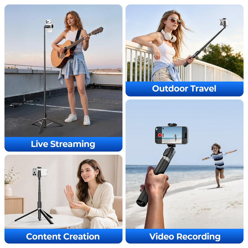 Kaitezenz 0.01s Auto Pop Open 63" Phone Tripod for iPhone with Remote, Selfie Stick Tripod Stand Extendable with Cell Phone Clip, Compatible with iPhone for Travel Video Recording Live Stream Vlog