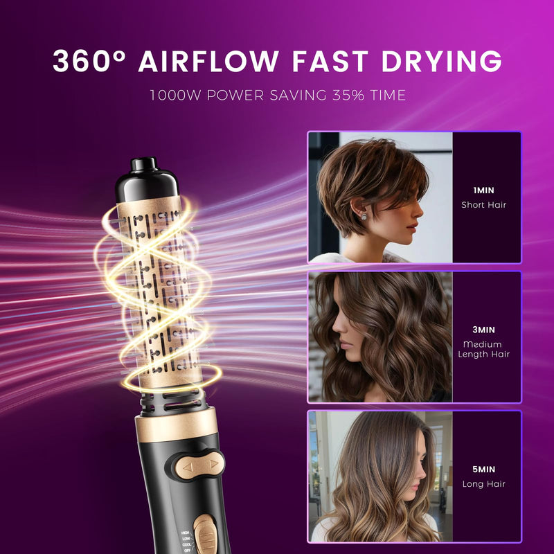 Rotating Hair Dryer Brush, 3-in-1 Hot Air Brush with 2 Brushes (1.5"&2") for Drying Styling Volumizing Curling Sleeking in One Step, 3 Temperatures, Negative Ionic, Ceramic Coating
