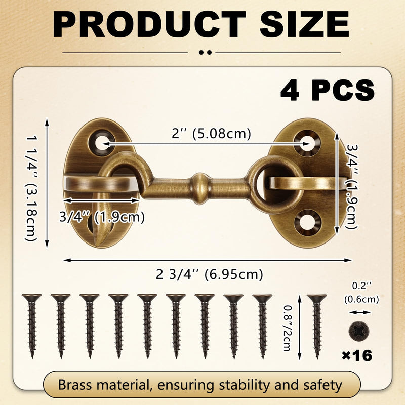 4 Pieces 2.75 Inch Brass Hook and Eye Latch Gate Door Latch Cabin Hook Lock Door Lock Hardware Best for Window, Sliding, Shed, Fence, Gate, Cabinet, Bathroom, Closet (Bronze) Bronze 4