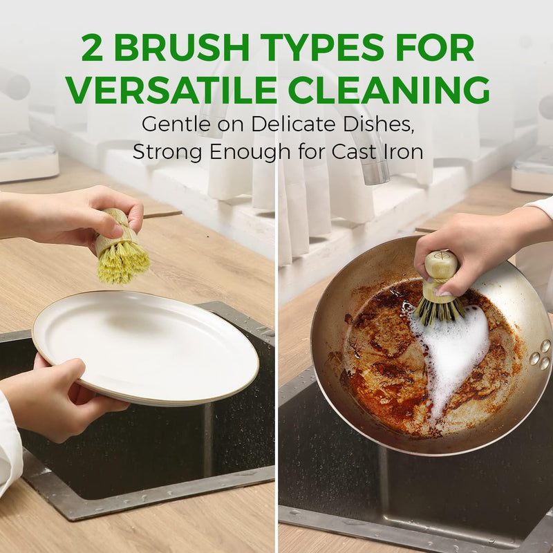 Bamboo Dish Brush Set of 3-100% Plastic Free Kitchen Scrubber with Medium Stiff Sisal and Strong Blend of Coconut Bristles - Non Scratch, Odor Free Wood Scrub for Pots, Pans and Vegetables 3 Pack