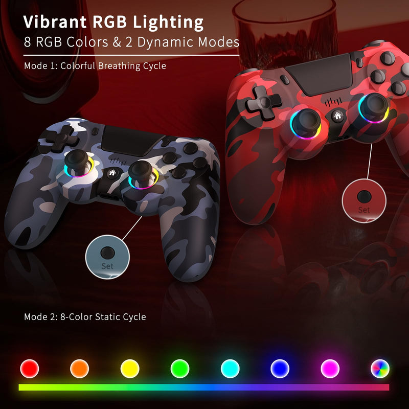 2 Pack Wireless Controller for PS4, Game Remote Controller Compatible with PS4/Slim/Pro/PC, Programmable, RGB Light, 1000mAh Battery, Dual Vibration, 6-Axis Gyro, Share, Touch Pad,Speaker&Audio Jack Camo Red&Blue