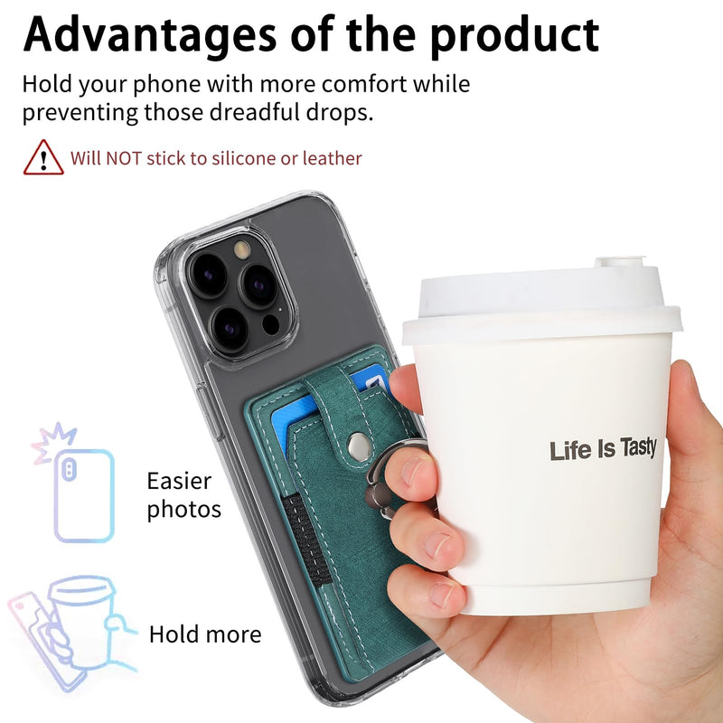 Cell Phone Card Holder with Ring Grip,Adhesive Phone Card Wallet,Green | Holds up to 3 cards;360° ring works as grip and kickstand,Can be used on most phones or phone cases larger than 5.8 inches.