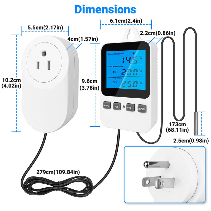Temperature Controlled Outlet Thermostat Plug 120V Heating Cooling Control Timer Thermostat Outlet Backlit Display Digital Temperature Controller Tc810
