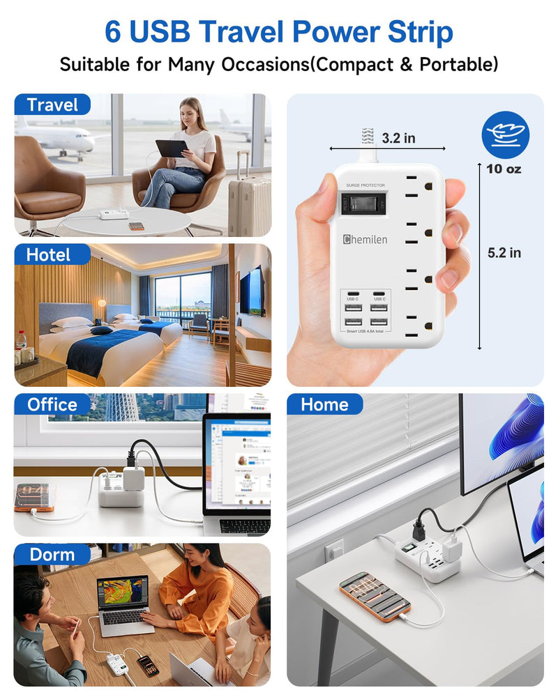 Travel Power Strip with 6 USB (2 USB C), 4 Outlets, 4Ft Extension Cord 13A | 6 USB Charging Station,4.8A,2 USB C,Surge Protector,Switch,Flat Plug,4FT Braided Extension Cord,For Travel Home Office Dorm