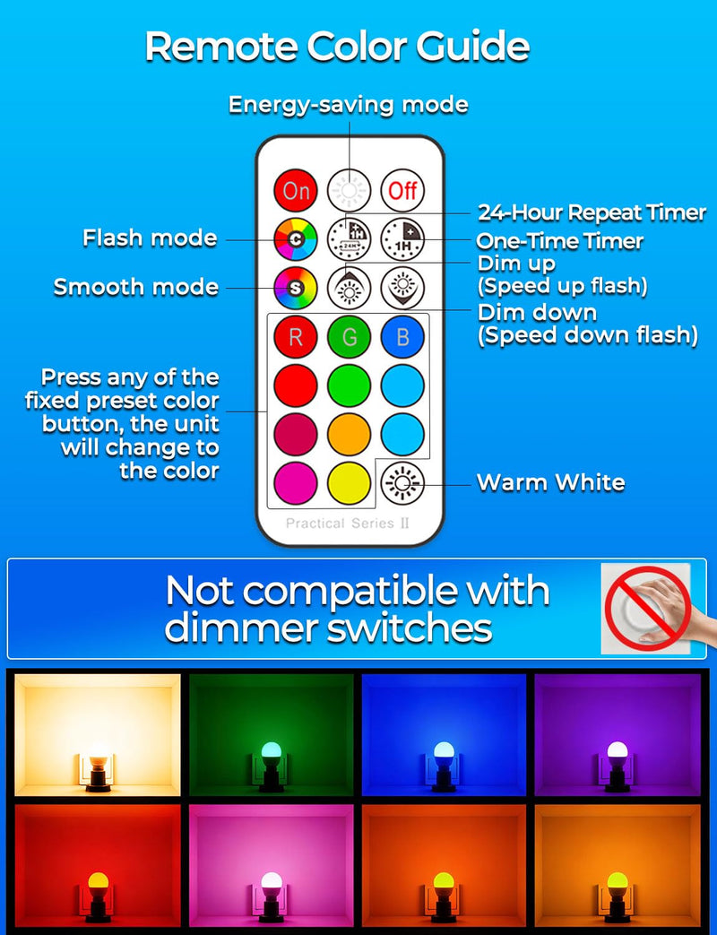 ILC RGB LED Light Bulb, Color Changing Light Bulb, 40W Equivalent, 450LM, 2700K Warm White 5W E26 Screw Base RGBW, 12 Color Choices - Timing Infrared Remote Control (8 Pack) 8 Pack