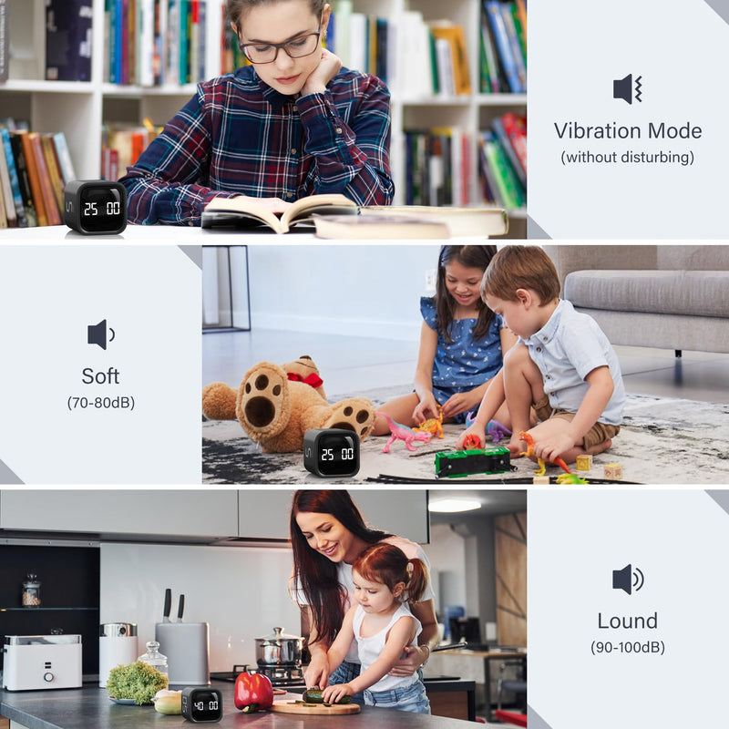 Rotating Pomodoro Timer 5, 25, 10 50 Minutes Preset, Desk Productivity Timer w/Gra vity Sensor, ADHD Tool Cube Countdown, Custom Modes, for Work, Study, Back to School, Kitchen, Black, 2 Pack 2 Pack Black