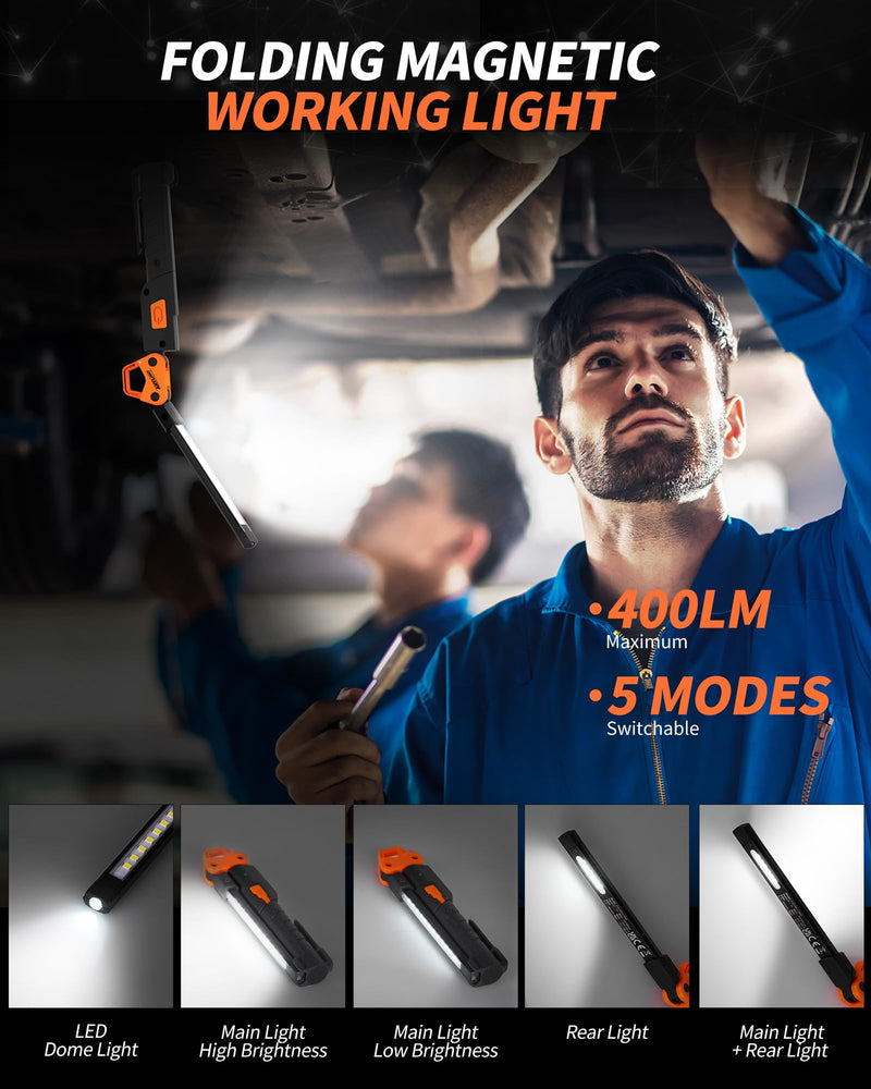 Led Work Light,400LM Foldable Mechanic Light, Rechargeable Flashlight with 5 Modes, 230° Rotate and Hook Magnetic Light for Car Repair, Camping, Grill（2 Pack Upgrade） 2 Packs with 180° Swivel