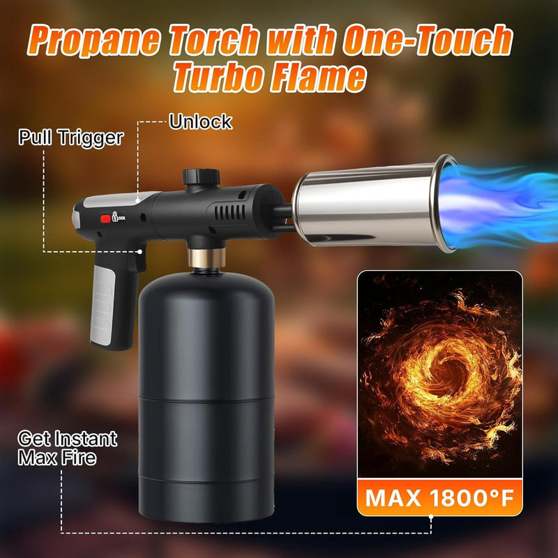 Powerful Propane Torch Gun, One-Touch Max Fire, Charcoal Torch Lighter with Adjustable Flame&Safety Lock, Kitchen Blow Torch for Cooking, BBQ, Searing Steak, Grill (Tank Not Included)