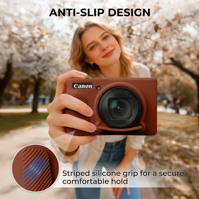 Silicone Camera Case for Canon PowerShot SX740 / SX730 HS Digital Camera, Soft Silicone Protective Case, Removable Lens Cover with 2 x Tempered Glass Protectors & 1 x Wrist Strap – Brown