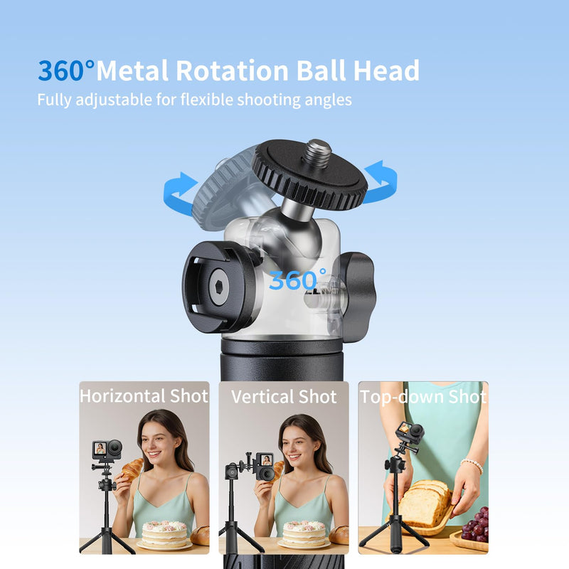 Auto Open 360° Rotation Invisible Selfie Stick for DJI Osmo 360/Insta 360 | LEEKAI PX05 11.8" Desktop Stand w/Cold Shoe&Claw Adapter&Phone Holder for Osmo Pocket 4P/4/3, Action 6, Insta360 Luna Ultra Black