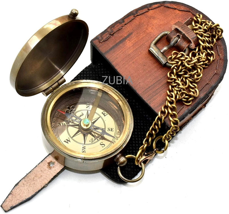 Navy Engraved Brass Pocket Compass with Leather Case, Vintage Antique Style Navigation Compass, Personalized Nautical Gift for Men, USN & Marine Inspired Keepsake for Graduation, Birthday