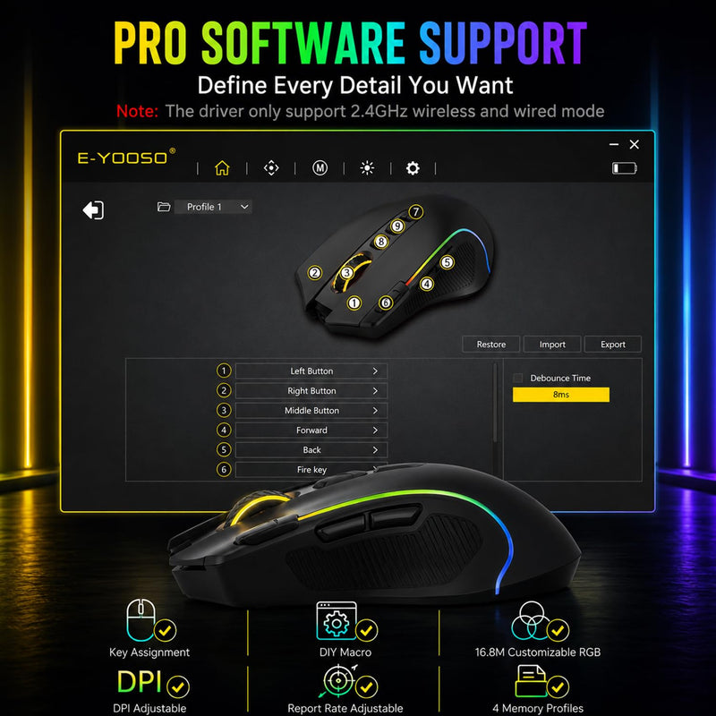 E-YOOSO Wireless RGB Gaming Mouse, Tri-Mode, 8000 DPI, Rechargeable | Rapid-fire key, 9 customizable buttons, 1000Hz polling, 75-hour battery, 6 RGB modes, for PC gaming and work Black
