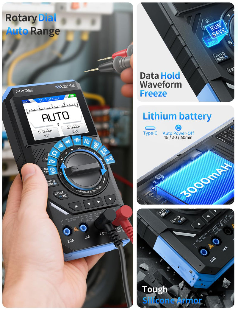 FNRSI Upgraded DST-210 2-in-1 Digital Oscilloscope Multimeter, 48MS/s Sampling Rate, 10MHz Bandwidth, Portable Scope with 2.8" Color TFT Screen, Signal Generator, DMM for Electronics Repair