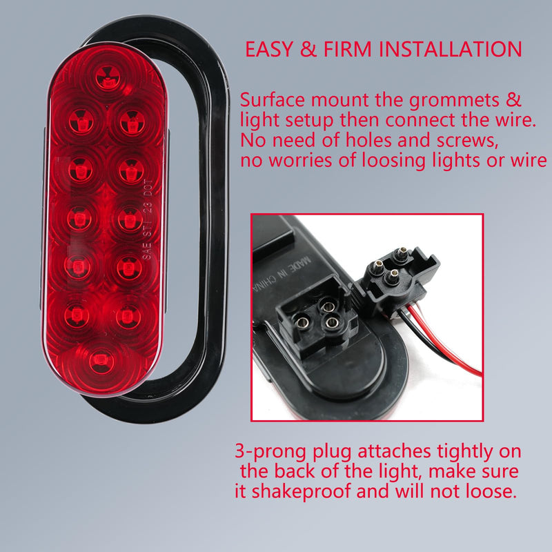 2Pcs 6" Oval LED Red Tail Trailer Light 24LEDs, IP65 Waterproof, Stop Brake Turn Signal Reverse marker, Surface Mount, For Bus Lorry Camper Boat Bus Truck RV Pickup Golf Cart Motorcycle 6“ Oval 24LED Red