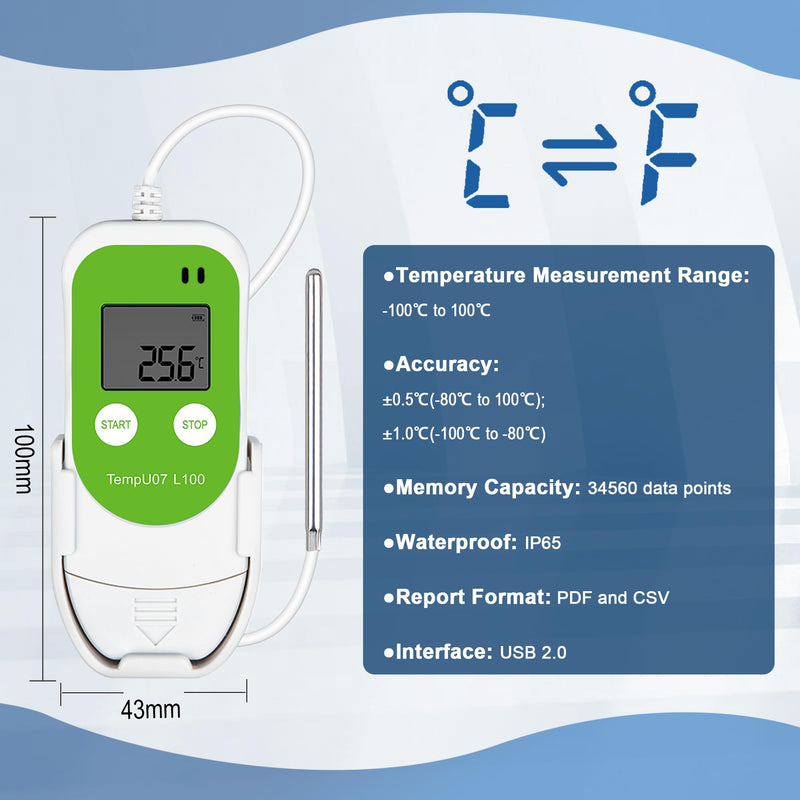 Tzone Low Temperature Data Logger USB Freezer Thermometer Recording with PT100 Sensor, Digital Temp Recorder with Probe for Lab, Refrigerator, Cold Chain Transportation, Warehouse Low Temp Data Logger