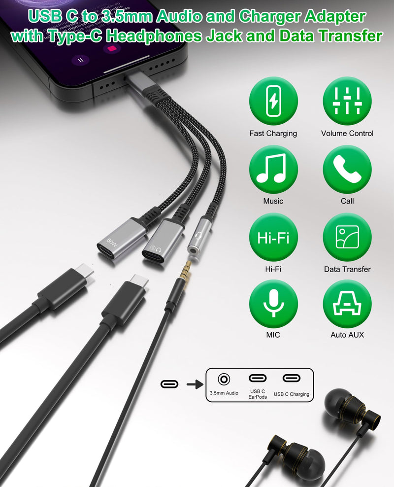 3 in 1 USB C Headphone Splitter Headphone Adapter with 60W Charging and Data, USB-C to 3.5mm Headphone & Dual USB C Splitter, PD Fast Charging/Data/Music/Calling for iPhone 17/16/15, iPad, MacBook
