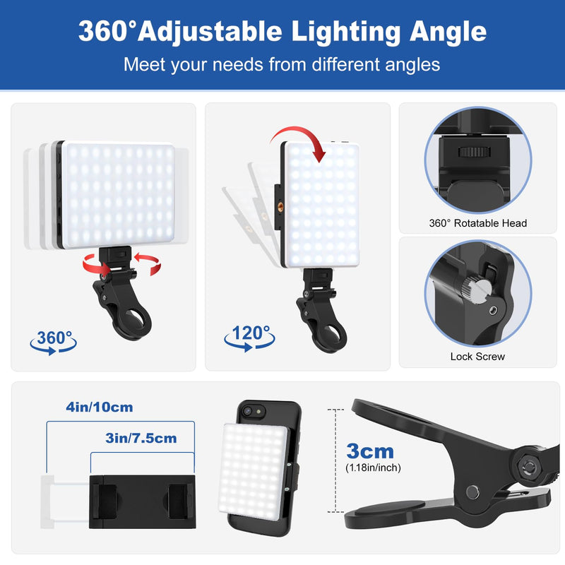 Selfie Light, Phone Light with Front & Back Clip(2 Pack), 60 LED Portable Light with 3 Light Modes, 5000mAh Rechargeable Video Light for Phone, iPhone, Laptop, TikTok, Makeup, Live Stream, Vlog 2Pack Black