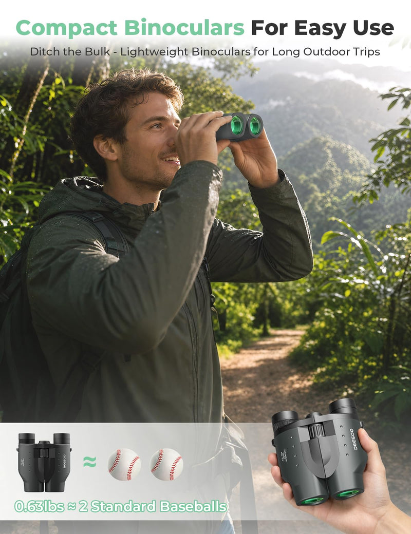 25x32 Compact Binoculars for Adults Kids, High Power BAK4 FMC Lightweight | Lightweight Pocket Size for Travel, Eyeglass Friendly, Small Binoculars for Cruise Ship, Clear Vision for Bird Watching Green