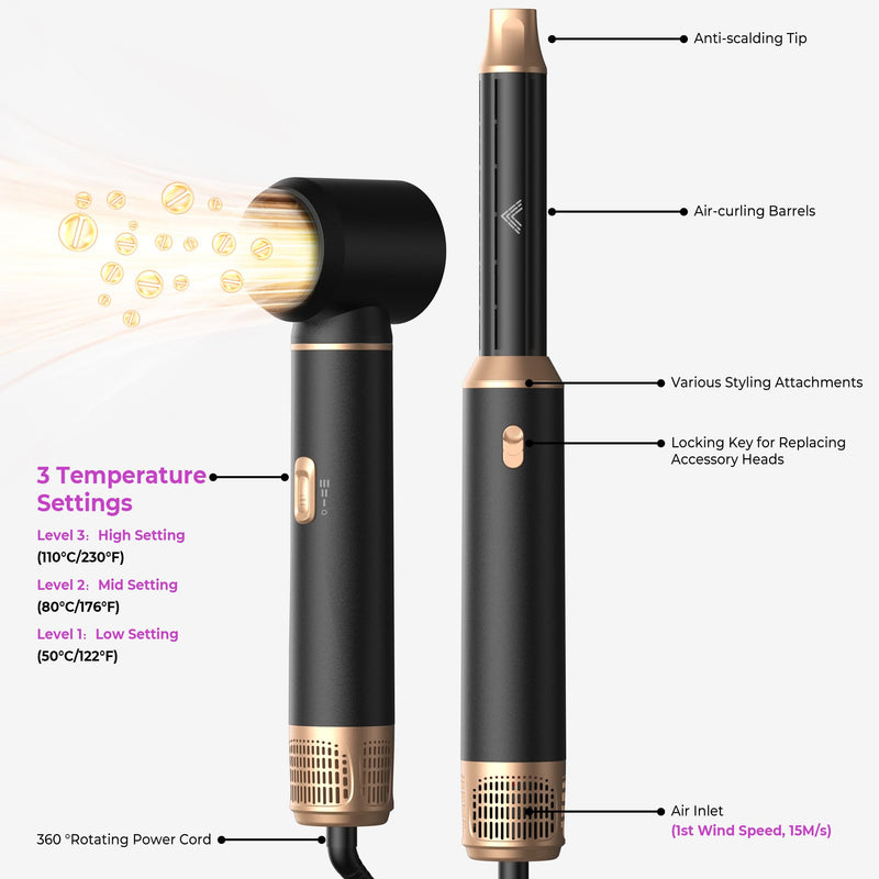 UMIGA Hair Styler 5 in 1 Air Styler Hair Dryer Brush with Air Curling Wands Blow Dryer Hair Styling Tools Magic Multi Styler Hairstyler Airstyler Airbrush Curlers Straightening Brush, UK-Plug, Black
