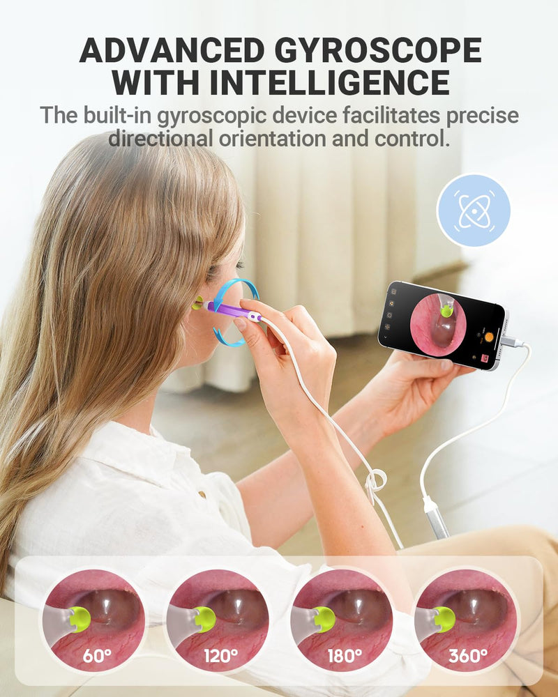 Digital Otoscope with Gyroscope, HD Ear Camera with Ear Wax Removal Tools, Video Ear Scope Otoscope with Light, Compatible with iPhone and Android (Purple) Purple