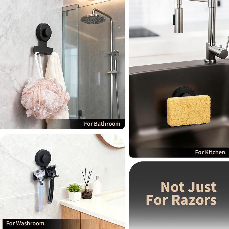 Suction Cup Razor and Shaver Holder for Shower Wall, Stainless Steel Reusable Suction Hook for Towel and Loofah, Damage-Free Installation (2, Matte Black) 2