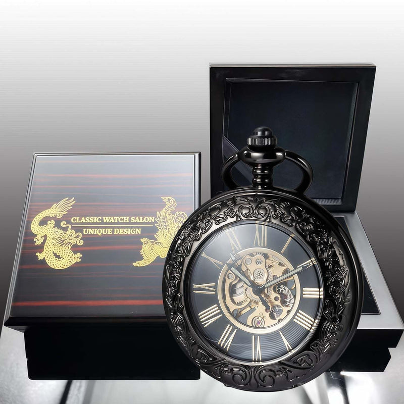 Mechanical Pocket Watch, for Men Women Special Magnifier Half Hunter Engraved Case Roman Numerals with Chain Af. Black Black + Wooden Box