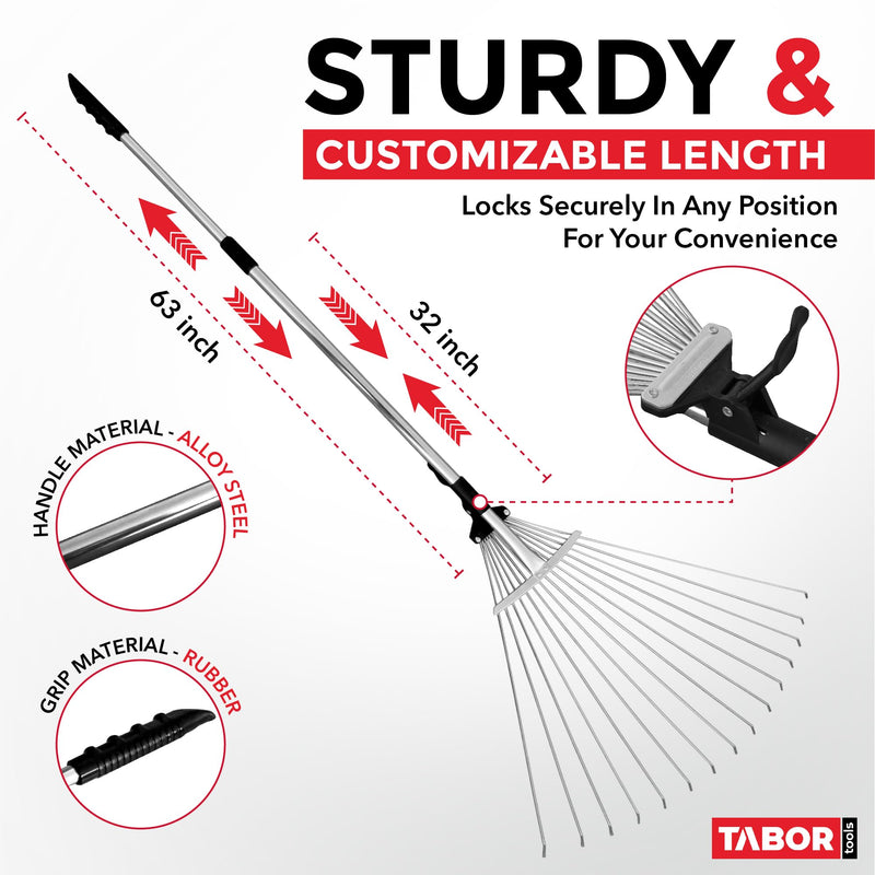 TABOR TOOLS Adjustable Metal Rake - Collapsible & Telescopic - Garden, Yard, & Lawn - Ideal for Leaves, Shrubs & Small Areas. J16A Black
