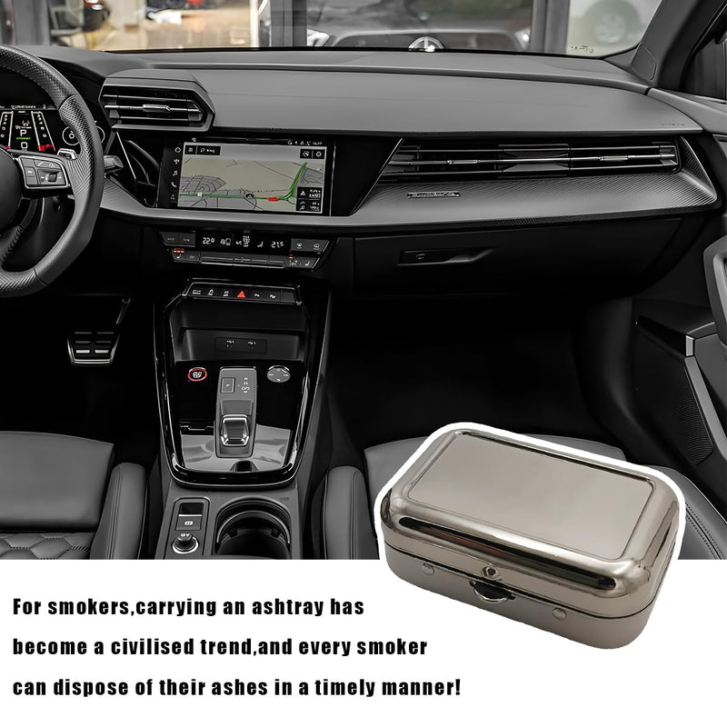 Portable Ashtrays, Stainless Steel Carry-on Mini Ashtray with Windproof Lid, Portable Waterproof Creative Pocket Ashtray for Outdoor Cars, Universal Car Accessories (Black) Black