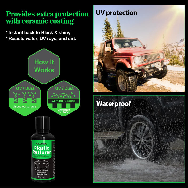 NADAMOO Plastic Restorer, Highly Concentrated Ceramic Coating for Cars, Back to Black Automotive Exterior and Interior Trim Scratch Remover Kit, Restore Faded Plastic, Vinyl & Rubber, 30ml