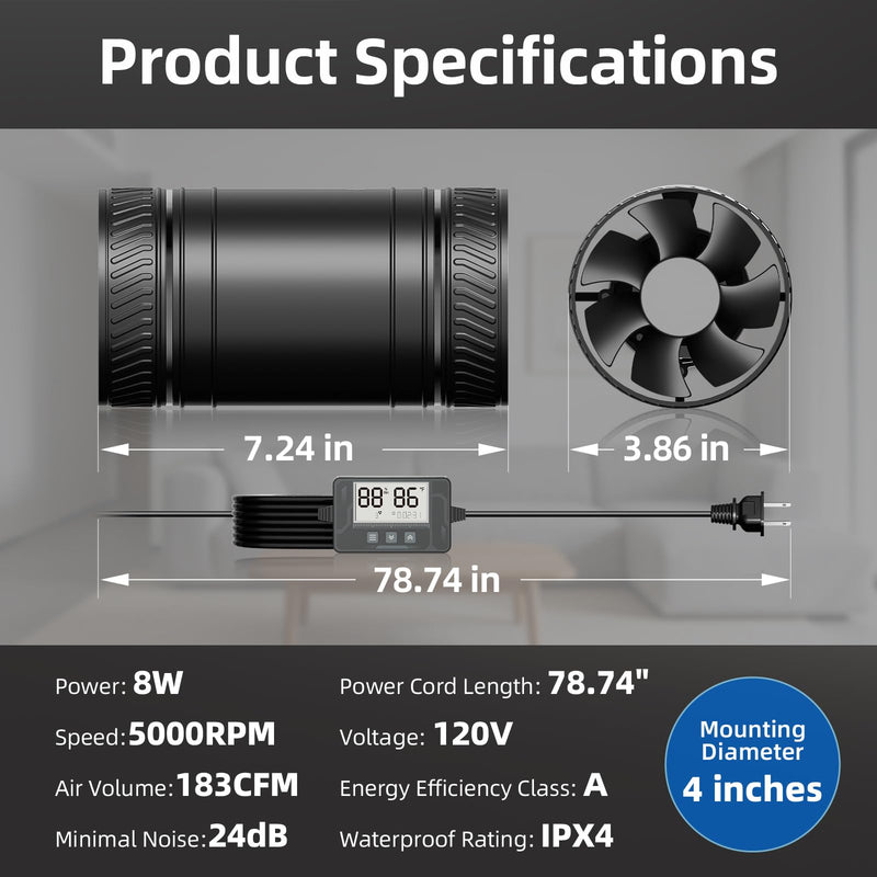 Upgraded 4-Inch Inline Duct household Fan 6 Speed Control with Temperature and Humidity Sensor and Timer Remote Low Noise for Grow Tent System, Bathrooms, Attics, Furnace Blower Fan Replacement 4 Inch Inline Duct Fan ZFP125A07