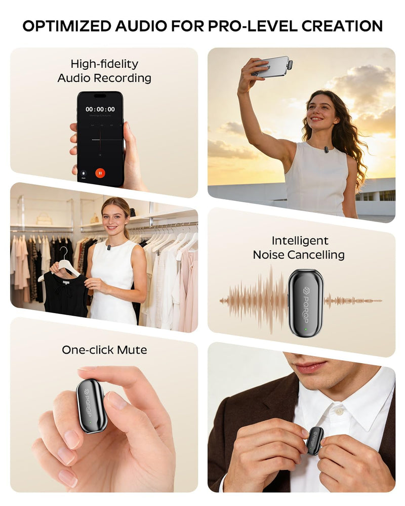 PQRQP Wireless Lavalier Microphone for iPhone/iPad/Android, 164ft Transmission, Mini Microphone with AI Noise Cancellation & Hi-Fi Sound, 24H Charging Case, Mic Ideal for Video Recording Glossy Black