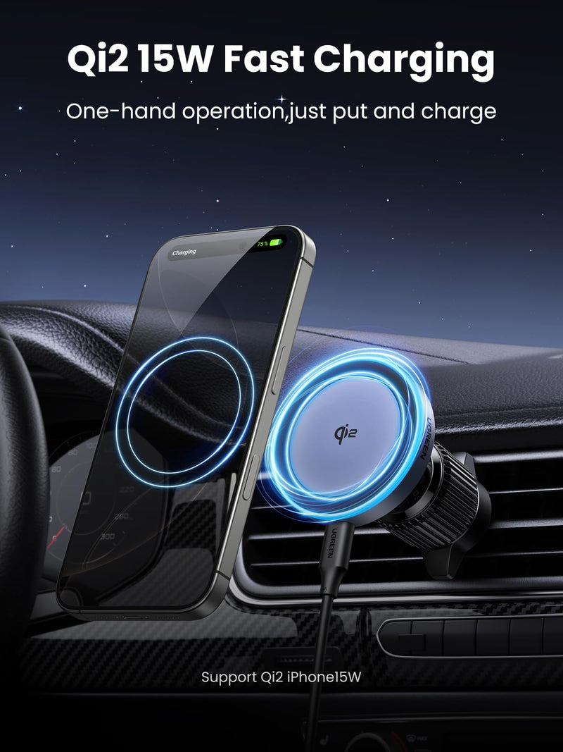 UGREEN Qi2 15W Magnetic Wireless Car Charger Mount | Auto-align, Air Vent Mount, LED Lights, Strong Magnetic Car Phone Holder for iPhone 17/16/15/14/13/12 Series and More