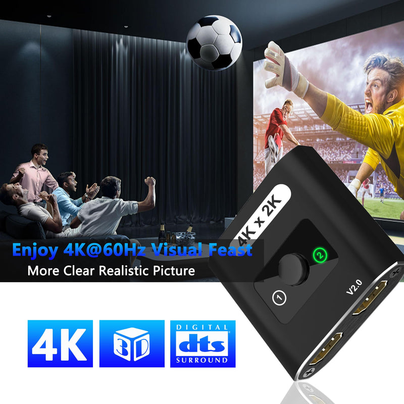 HDMI Switch Splitter 4K@60Hz, Aluminum Bi-Directional HDMI 2.0 Switcher, HDMI Splitter 1 in 2 Out/ 2 in 1 Out, Support 4K 3D HDR for Xbox, PS5/4/3, Fire Stick, Roku, HDTV, Projector, Computer (Black) Black