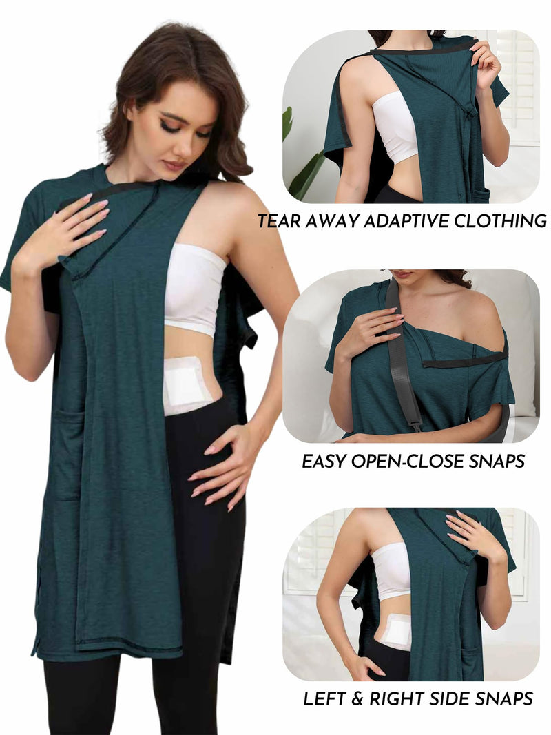 Women's Post Shoulder Surgery Tear Away Dress Short Sleeve Full Open Side Snap Adaptive Clothing with Pockets Dark Green XX-Large
