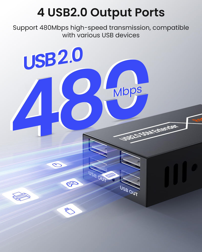 avedio links 164ft/50m USB Extender Over Cat6/7, 4 USB 2.0 Ports Single Ethernet Extender with POC Power Supply, ESD Protection, Plug and Play for Webcam, Keyboard, Mouse, Printer USB2.0 Extender 164ft/50m
