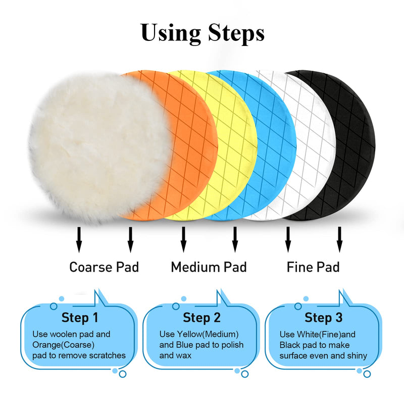 Autolock 5" Buffing Polishing Pads, 6Pcs 5.6inch 140mm Face for 5 Inch Backing Plate Compound Buffing Sponge and Woolen Pads Cutting Polishing Pad Kit for Car Buffer Polisher, Polishing and Waxing 5Inch 6Pcs