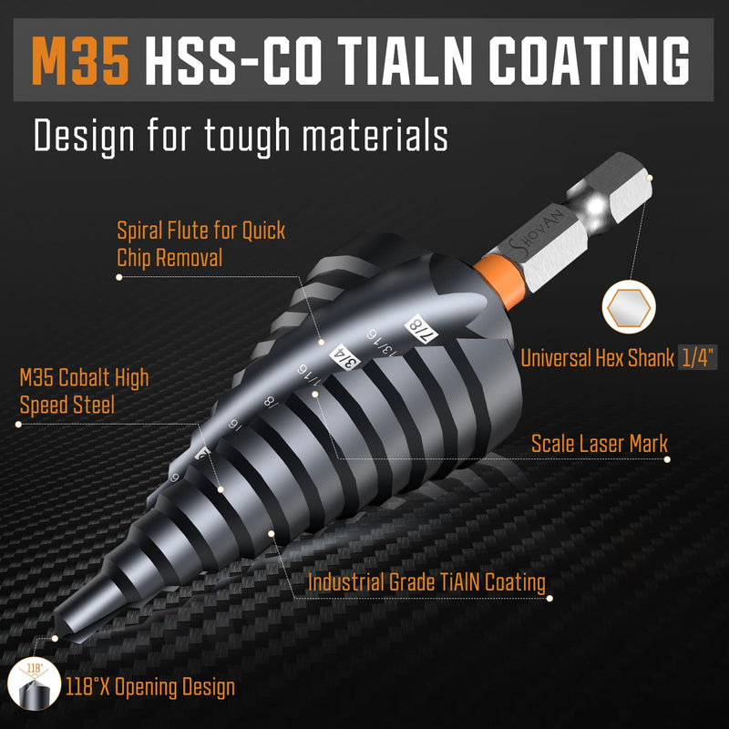 3PCS Unibit Step Drill Bit Set (1/4"-7/8"), M35 Cobalt, TiAlN Coated for Superior Durability, Spiral Cone Drill for Stainless Steel, Sheet Metal, Aluminum & Plastic
