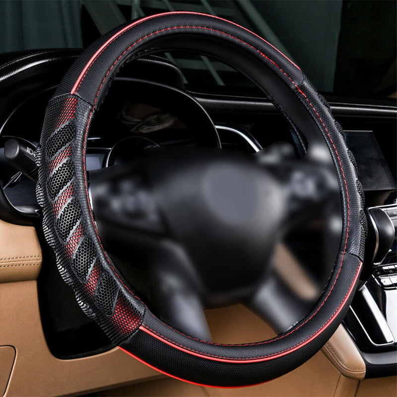 Flying Banner car Steering Wheel Cover Faux Leather Massage Universal fit 3D Honeycomb Hole Anti-Slip Sporty 15 Inches (Red Black)… Red black