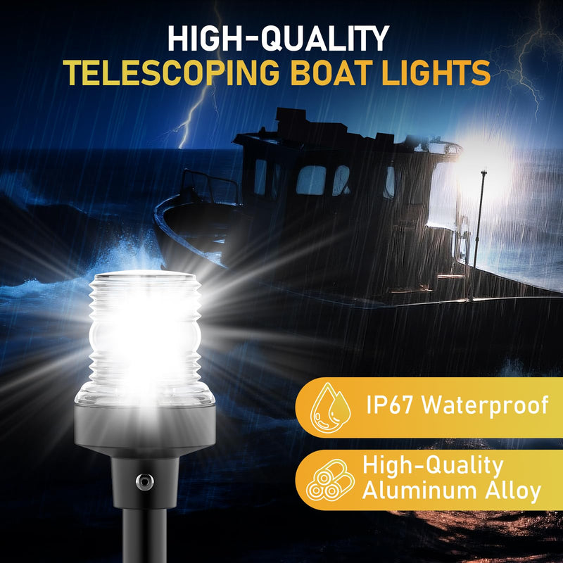 Stern Light Boat Anchor Light, 26"–48" Telescoping Pole Boat Lights with Base, Marine Navigation Lights for Boats LED, for Pontoon, Fishing, Bass & Jon Boats, 12–24V (Black) Black